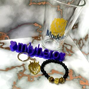 3pc Lion bundle with Modelo beer glass, lion keychain and tigers eye bracelet